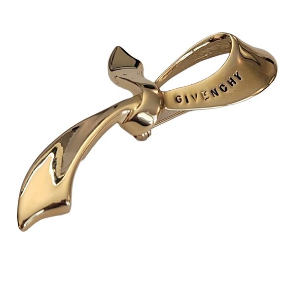 Givenchy Gold-Tone Signature Ribbon Pin Brooch, Signed K254